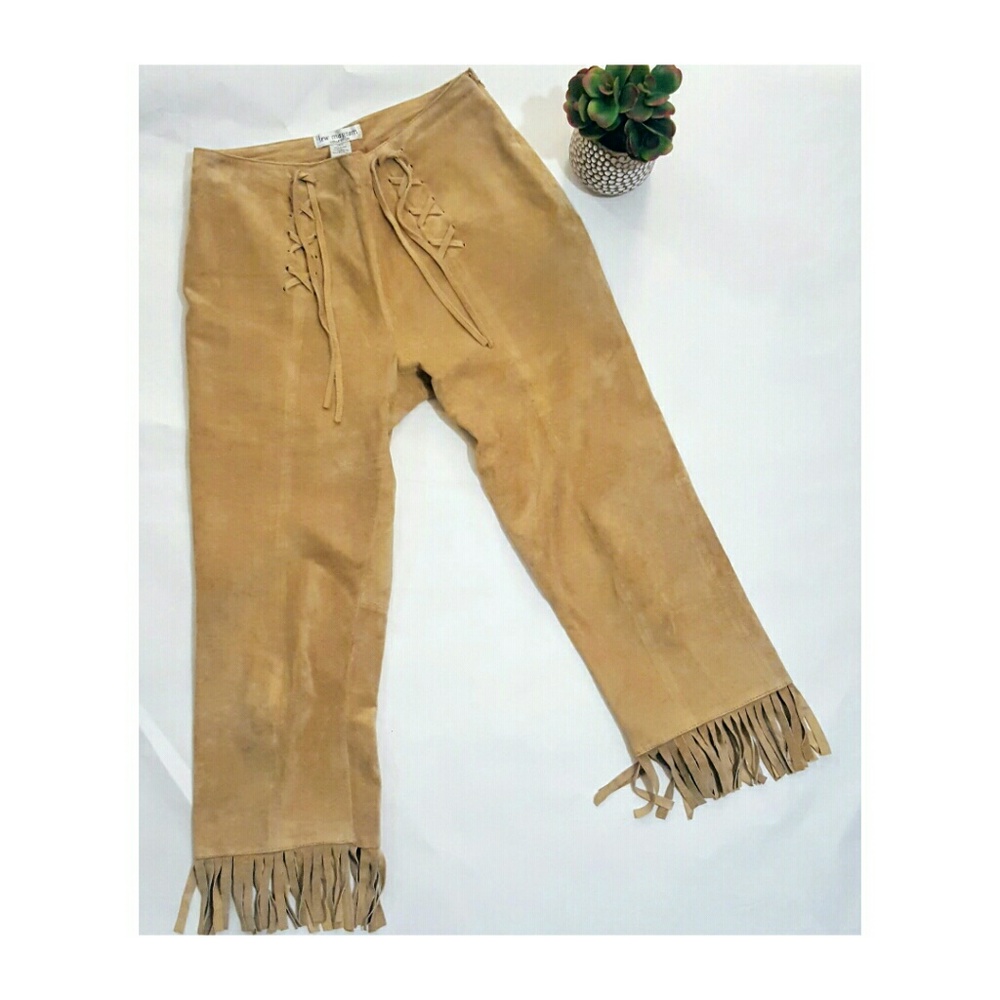 Tan 100% Leather suede fringe pants lace up